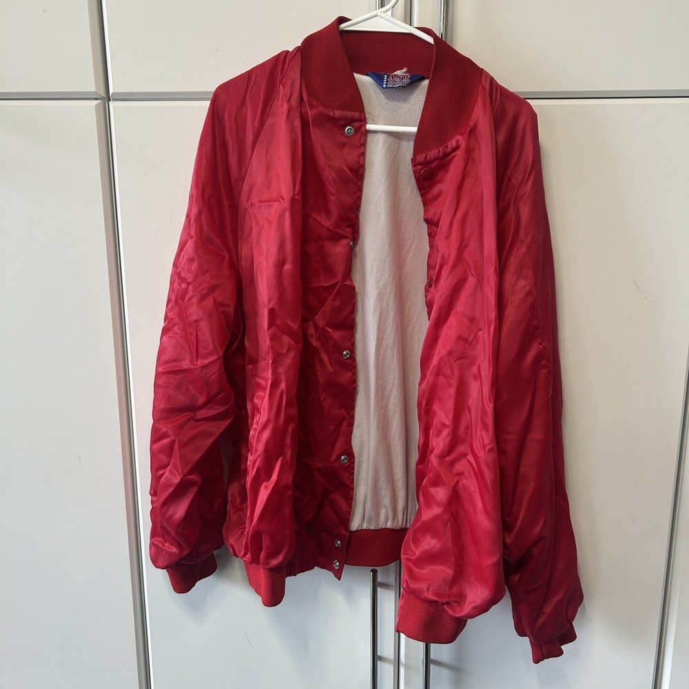 ASW Jackets Mens Red Satin Bomber Jacket Snap Front Made in USA Size M